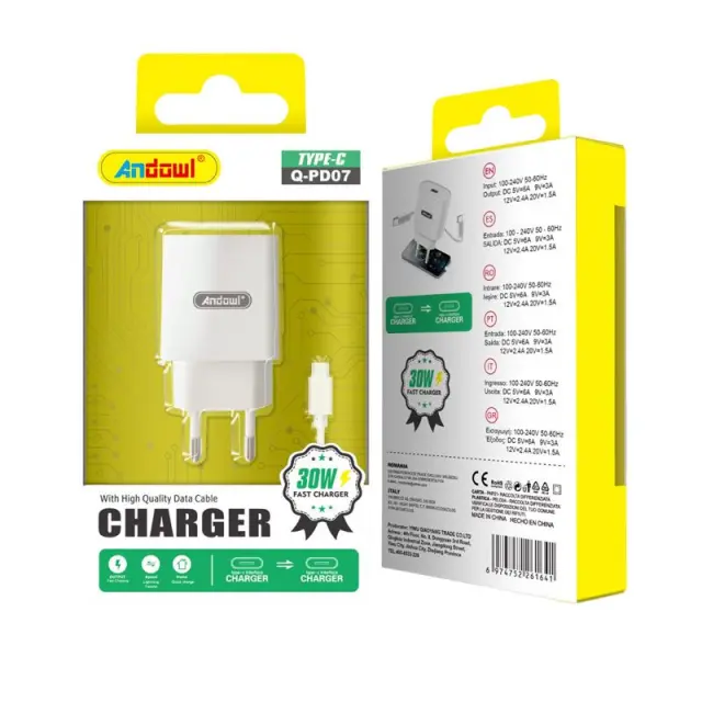 Andowl Φορτιστής με καλώδιο Type-C σε Type-C 30W Q-PD07 - Charger 075781