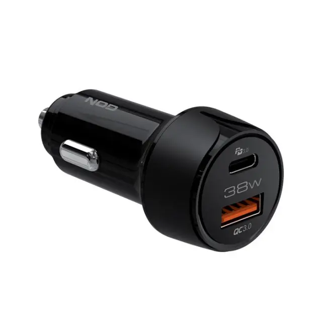 Universal φορτιστής αυτοκινήτου USB-A QC3.0 & USB-C PD3.0 38W, σε μαύρο χρώμα.
