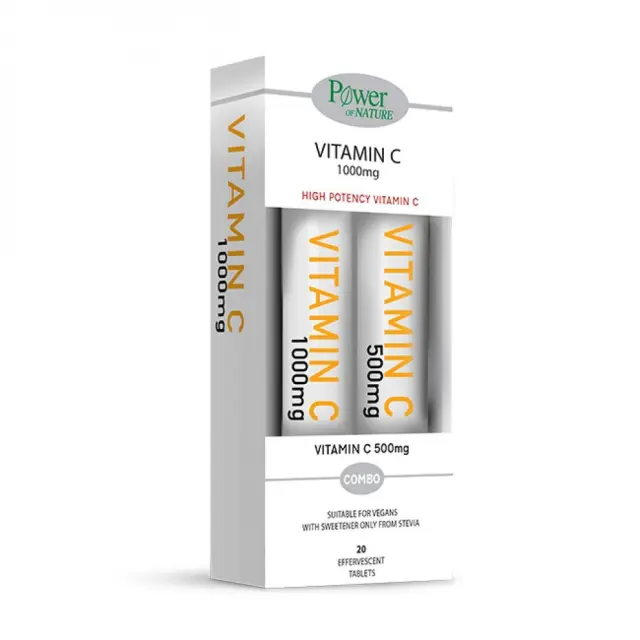 Power Of Nature Vitamin C 1000mg Στέβια 24 αναβράζοντα δισκία & Vitamin C 500mg Στέβια 20 αναβράζοντα δισκία