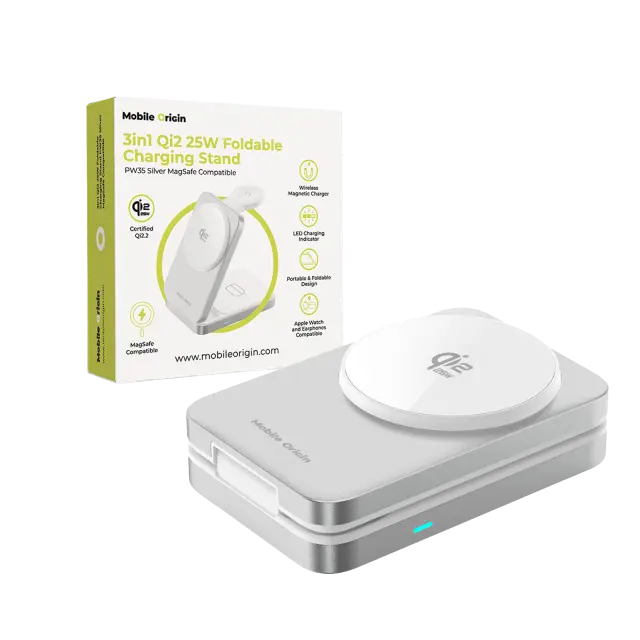 Mobile Origin 3in1 Qi2 25W Foldable Charging Stand PW35,MagSafe Compatible - Silver