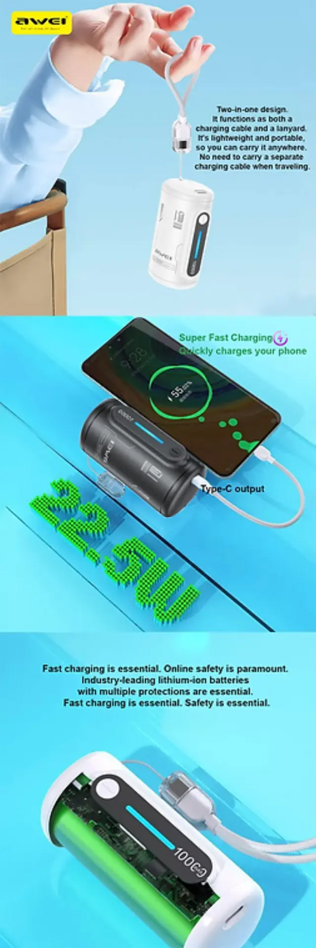 Powerbank με αποσπώμενο καλώδιο - WP-117 - 10.000mah - 22.5W - AWEI - 026482 - Black 2