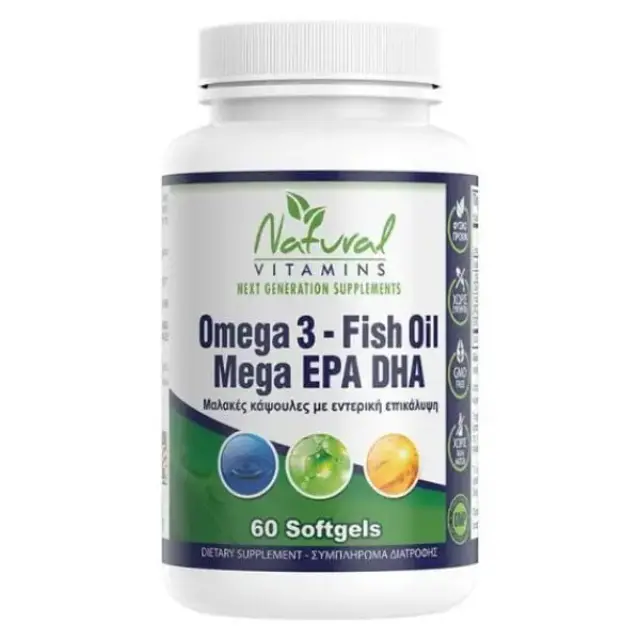 Natural Vitamins Omega 3 Fish Oil Mega EPA DHA Χωρίς Επίγευση Ψαριού 60 μαλακές κάψουλες