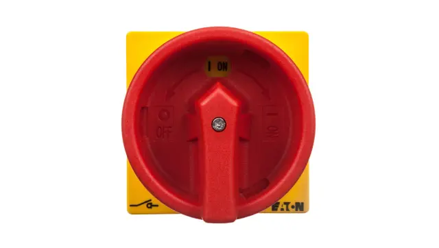 T3-1-102/EA/SVB Main switch, T3, 32 A, flush mounting, 1 contact unit(s), 2 pole, Emergency switching off function, With red rotary handle and yellow locking ring, Lo