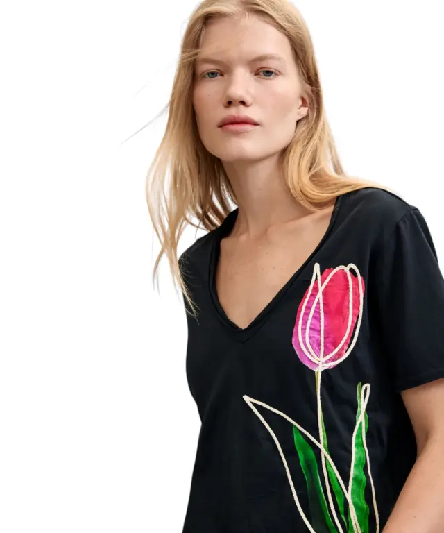 Desigual - Γυναικείο Βαμβακερό Μπλουζάκι Tulip 26WWTK38-2000 Μαύρο 2