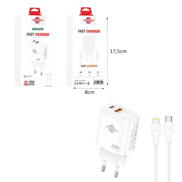 Wisdomup Φορτιστής Κινητού USB-C και USB με Καλώδιο Lightning σε Type-C 20W OCD-31P - Fast Charger with Lightning to Type-C Cable 211220 3