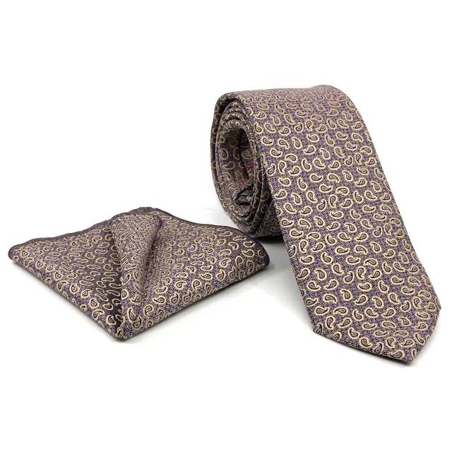 Γραβάτα Microfiber σε Λιλά Μοτίβο Σετ με Μαντηλάκι