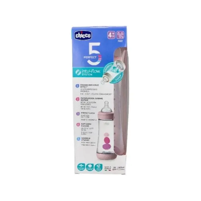 Chicco Μπιμπερό Πλαστικό Perfect 5 Ροζ Θηλή Σιλικόνης 4m+ 300ml