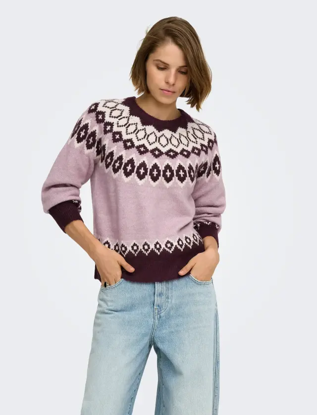 Only Onlrusty Πλεκτή Μπλούζα Fair Isle με Μακριά Μανίκια και Στρογγυλή Λαιμόκοψη Μπορντό