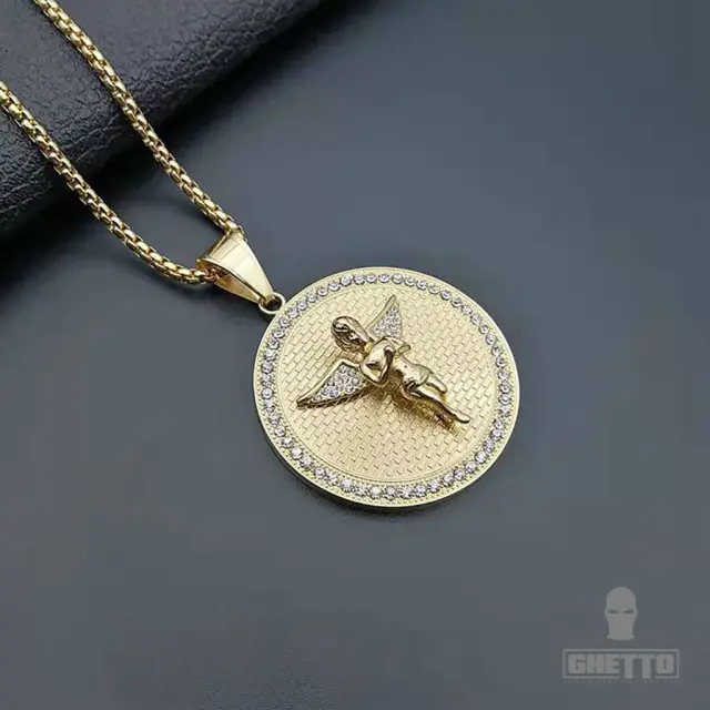 Ghetto Crystal Angel Charm Pendant Necklace Gold