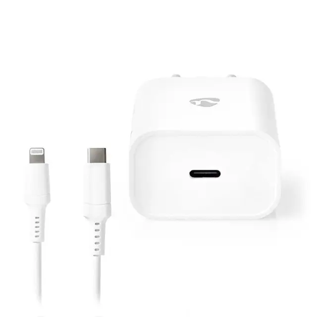 Universal φορτιστής USB-C, 3.0Α & PD20W, με αποσπώμενο καλώδιο Lightning 8-Pin, σε λευκό χρώμα.