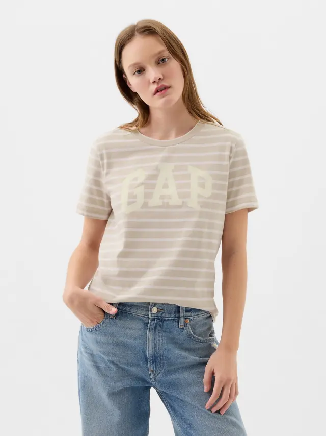 Μπεζ Organic Cotton Gap Arch Logo Μπλούζα khaki stripe - XS