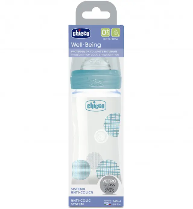 Chicco Γυάλινο Μπιμπερό Well Being Κατά των Κολικών με Θηλή Σιλικόνης 240ml για 0+ μηνών Ciel Circles