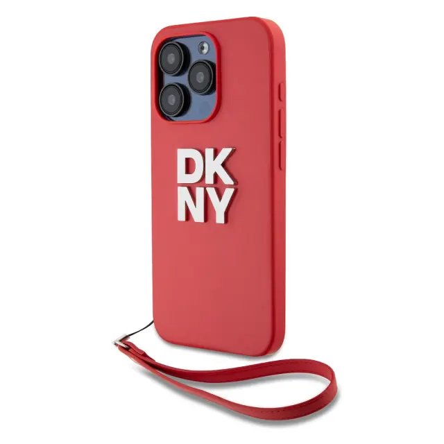 DKNY PU Leather Stack Logo Wrist Strap Case for iPhone 15 Pro Max Red 2