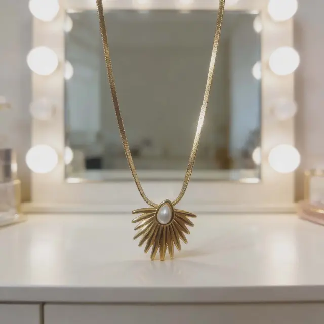 Gold Sunray Necklace with Pearl