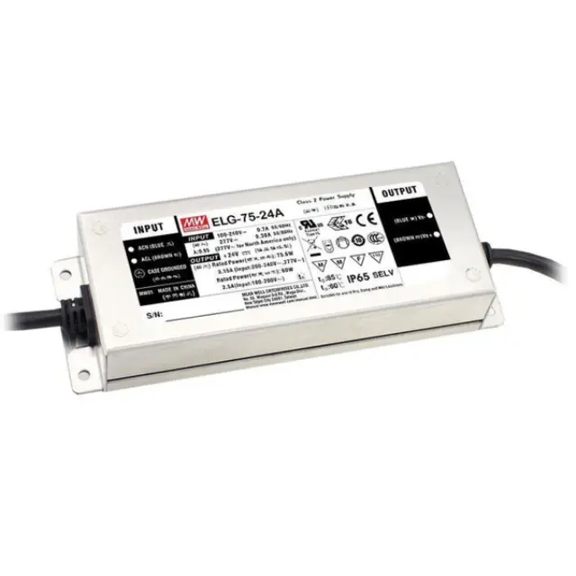 AC-DC Single output LED Driver Mix Mode (CV+CC) with PFC; Output 24Vdc at 3.15A; cable output; Dimming with Potentiometer 75W
