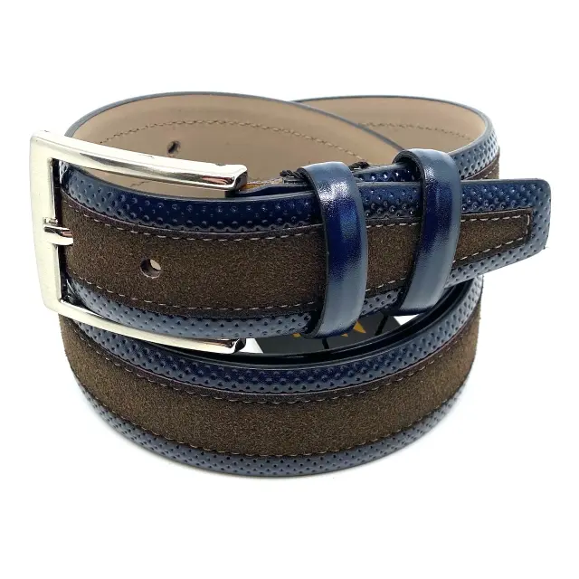 Καφέ με Μπλε Ζώνη P.U. Leather Τύπου Suede 3,5 cm - 110cm