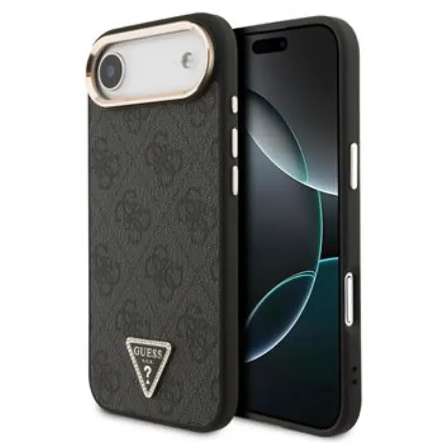 Guess PU Leather 4G Strass Triangle Logo Gold Frame MagSafe Case for iPhone Air Black