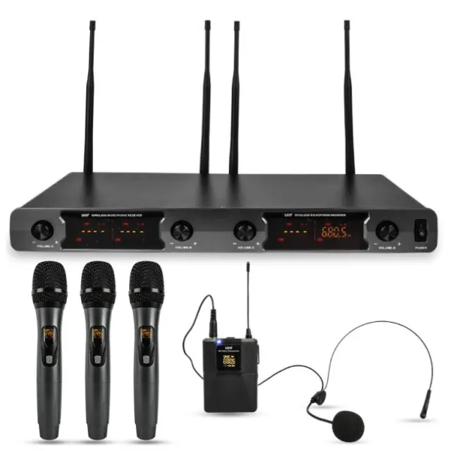 NN WMIC4 wireless microphone 3x handheld mic + headset transmitter bodypack sound system UHF 648.5-690 MHz