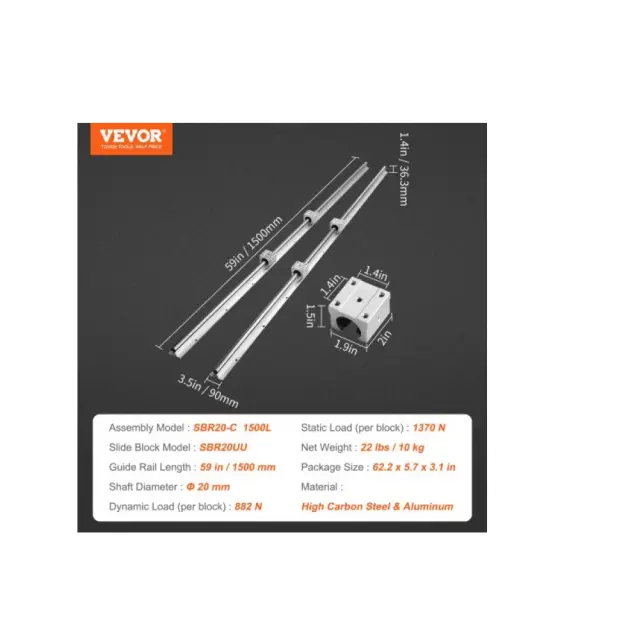 Σετ Οδηγών Vevor SBR20 1500mm, 2 Ράγες & 4 Οδηγοί SBR20UU για CNC Μηχανές 2
