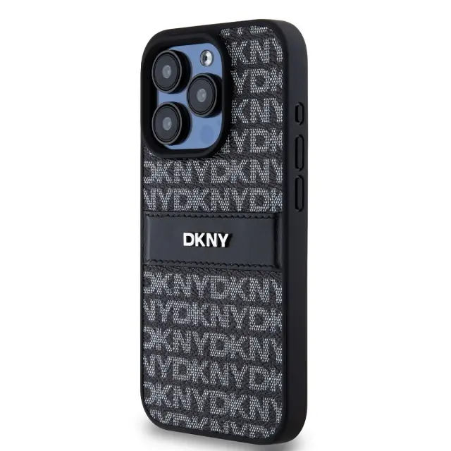DKNY PU Leather Repeat Pattern Tonal Stripe Case for iPhone 15 Pro Max Black 3