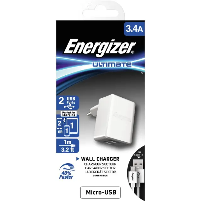 Φορτιστής Ταξιδίου Energizer ACW2CEUUMC3 3.4A με 2 θύρες USB A και Καλώδιο Micro USB 1m 2