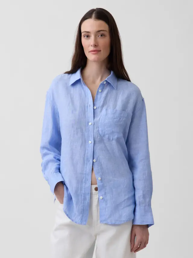 Γυναικείο Πουκάμισο Oversized απο 100% Λινό Ύφασμα Shirting blue - XL