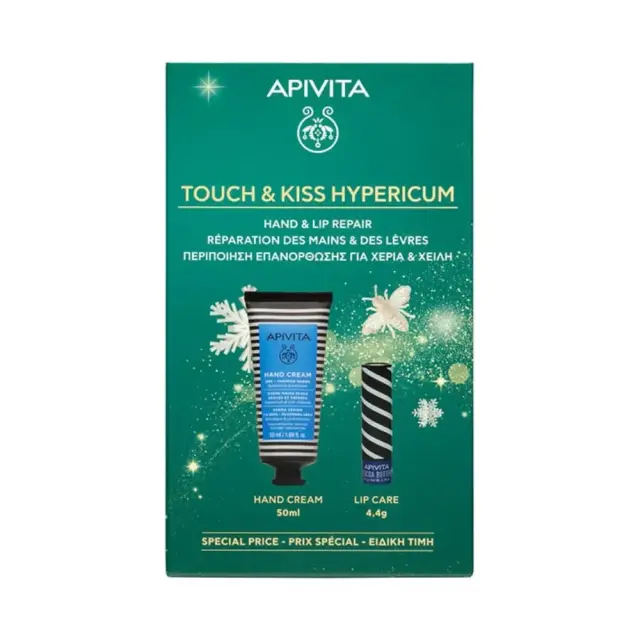 Apivita Promo Touch & Kiss Hypericum Hand Cream, 50ml & Cocoa Lip Butter, 4.4g Σετ Περιποίησης Χεριών και Χειλιών