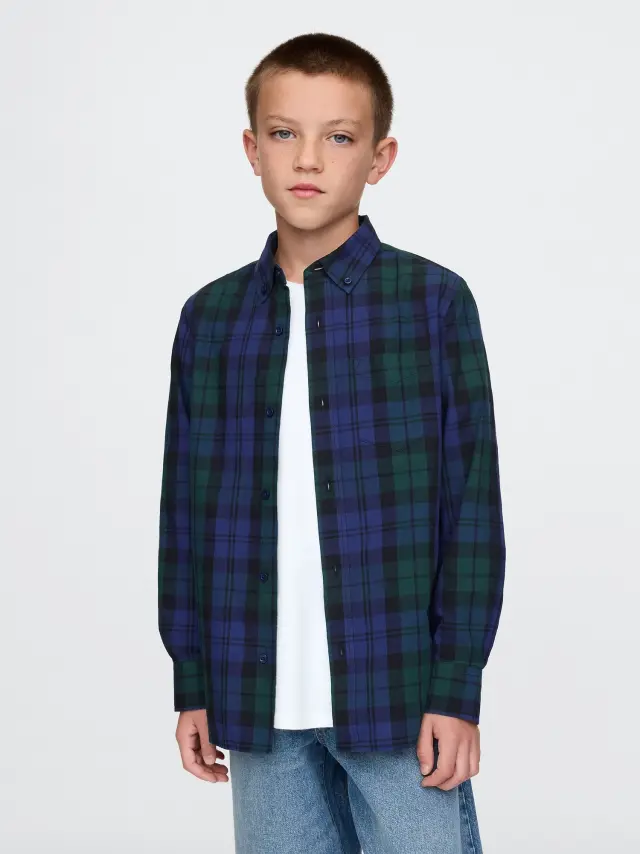 Μπλε Παιδικό Organic Cotton Poplin Πουκάμισο blue green plaid - XS