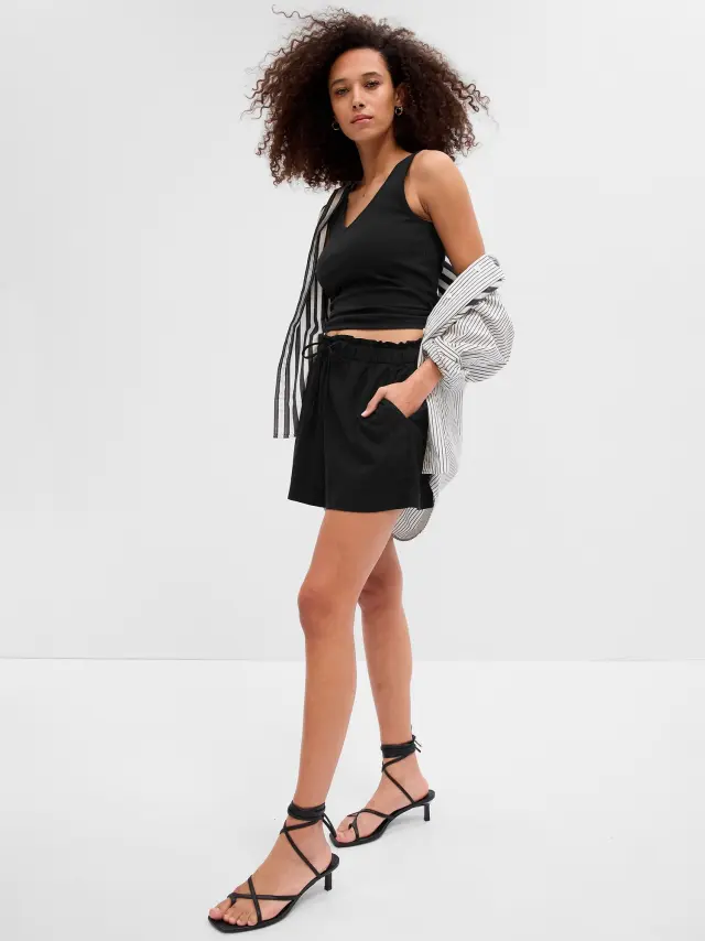 Μαύρο 4" Mid Rise Λινό Pull-On Σορτς black - XS