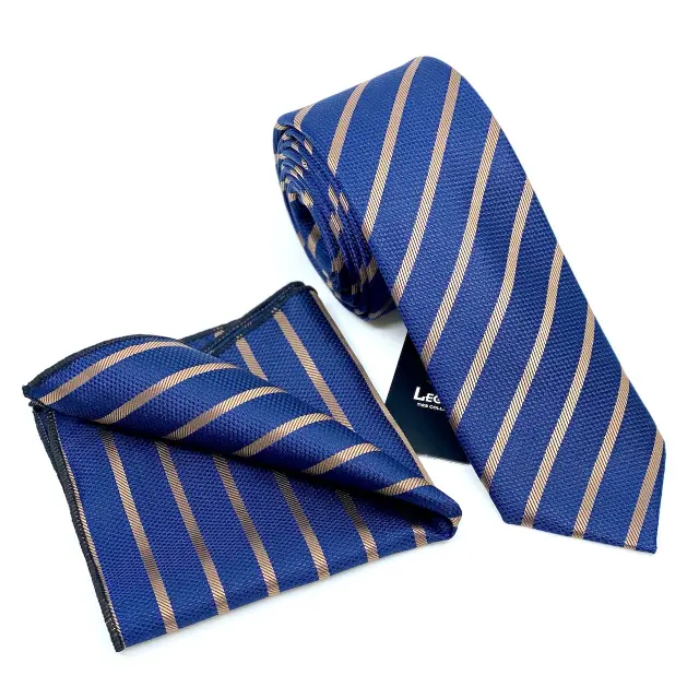Μπλε - Ταμπά Ριγέ Γραβάτα Microfiber Σετ με Μαντήλι Σχέδιο 7653