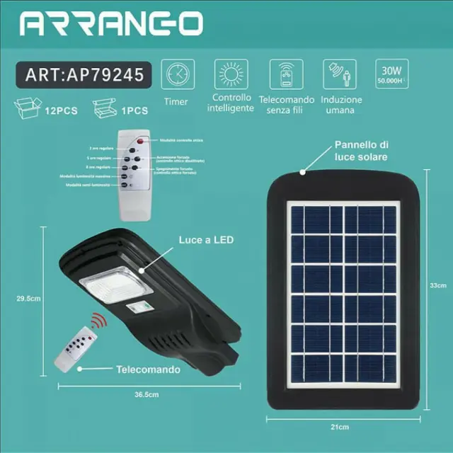 Arrango Στεγανό Ηλιακό Φωτιστικό Δρόμου IP65 με Ανιχνευτή Κίνησης σε Μαύρο Χρώμα AP79245 2