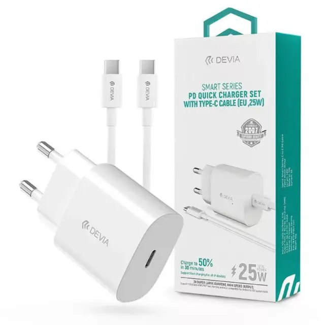 Devia Φορτιστής με Καλώδιο type-C και Θύρα USB-C 25W Power Delivery Λευκός