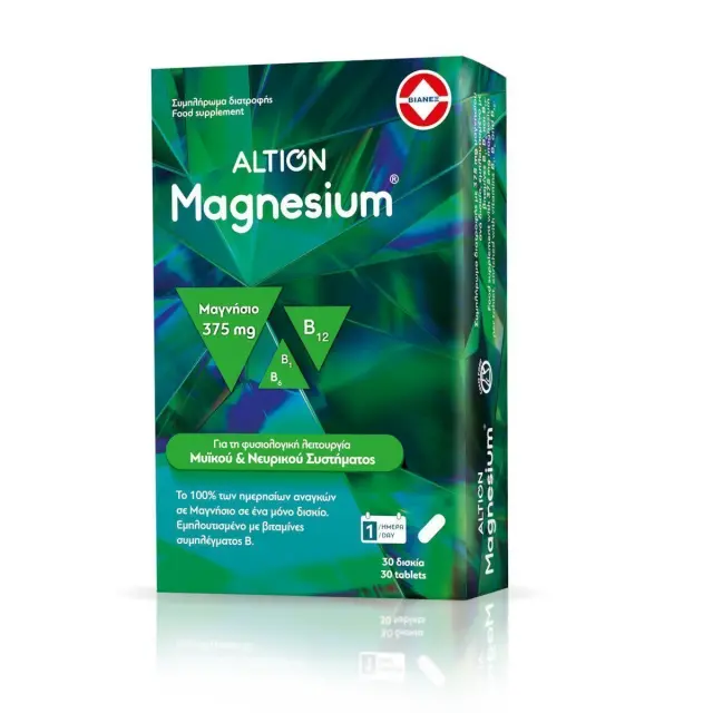 Altion Magnesium 375mg, Συμπλήρωμα Μαγνησίου Για Την Φυσιολογική Λειτουργία Μυϊκού & Νευρικού Συστήματος 30 Δισκία