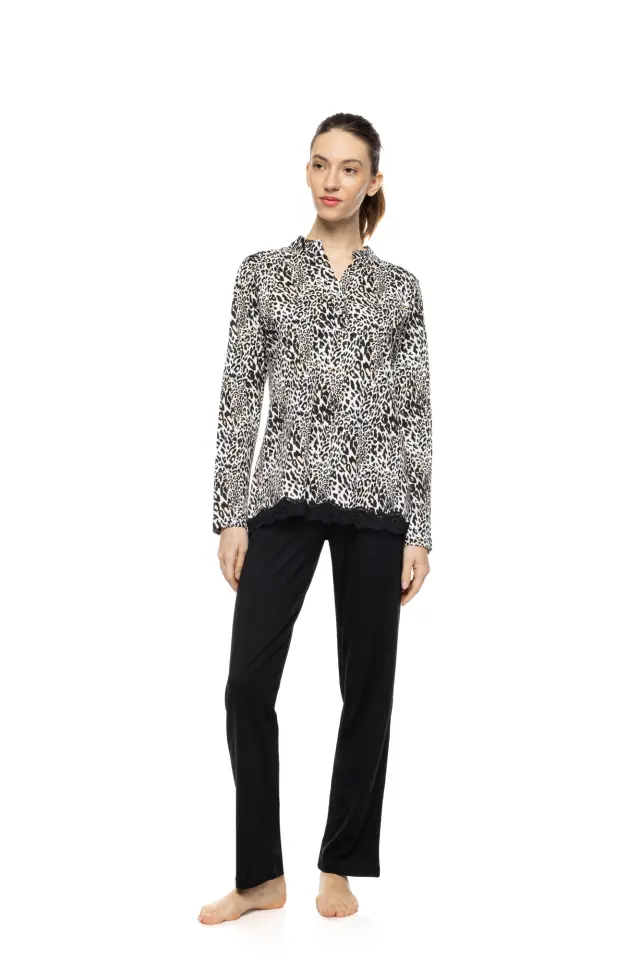 Pink Label Pyjama Ivory Leopard σετ γυναικεία χειμερινή πυτζάμα W1942-1