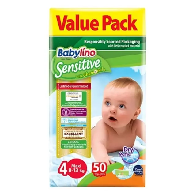 Βρεφική πάνα Babylino Sensitive No4 8-13 Kg 50 τμχ – Φροντίδα για Ευαίσθητο Δέρμα