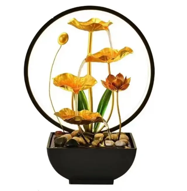 Διακοσμητικό Συντριβάνι Feng Shui με Χρυσά Λουλούδια Λωτού 3 επιπέδων & Φωτιστικό 30x18x38 cm LED ZG72791