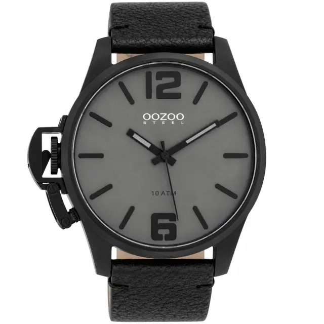 Ανδρικό Ρολόι OOZOO Steel OSGR17 Μαύρο με Γκρι Καντράν & Δερμάτινο Λουράκι 48mm – 10 ATM