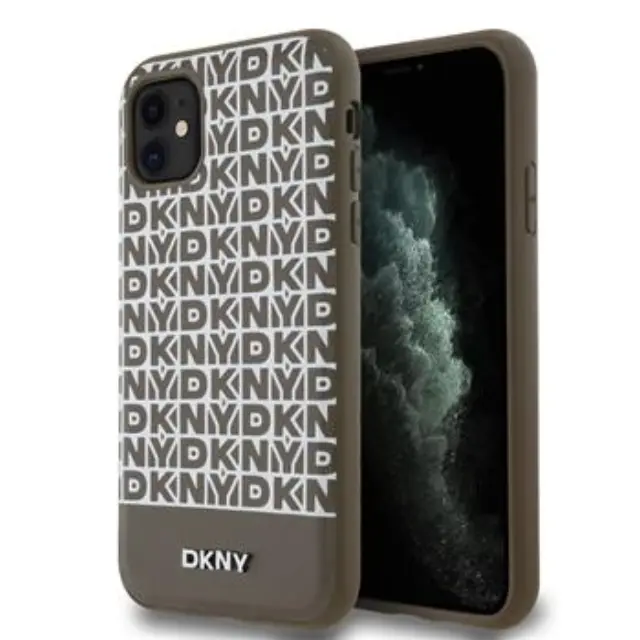 DKNY PU Leather Repeat Pattern Bottom Stripe MagSafe Case for iPhone 11 Brown