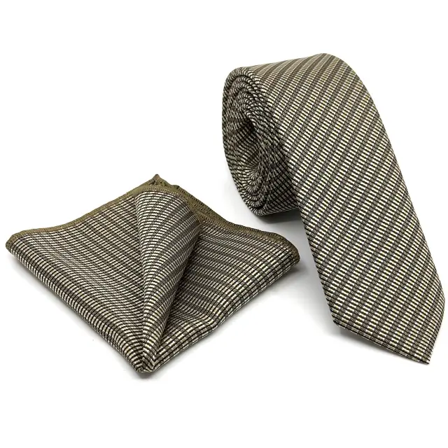 Γραβάτα Microfiber σε Καφέ Μοτίβο Σετ με Μαντηλάκι
