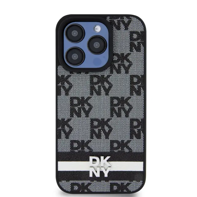DKNY PU Leather Checkered Pattern and Stripe Case for iPhone 14 Pro Black 2