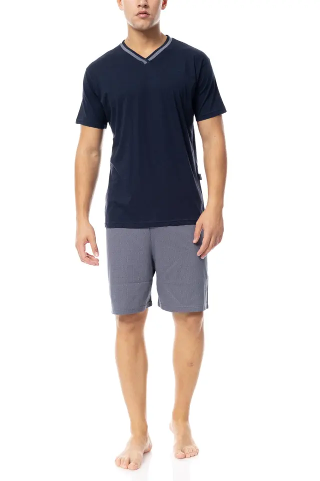 S-M537 - Yacht Blue - PYJAMA V-NECK GREY GEO - L