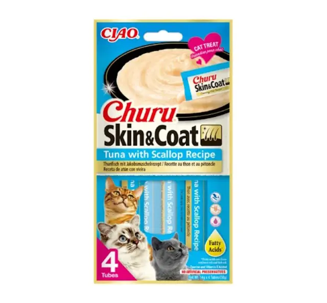Ciao Churu Skin & Coat Λιχουδιά σε Κρέμα με Γεύση Τόνο & Χτένια για Γάτες (4x14gr) Μονόχρωμο