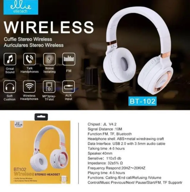 Ασύρματα On-ear Ακουστικά Ellietech BT102 Άσπρα/Rose Gold 2