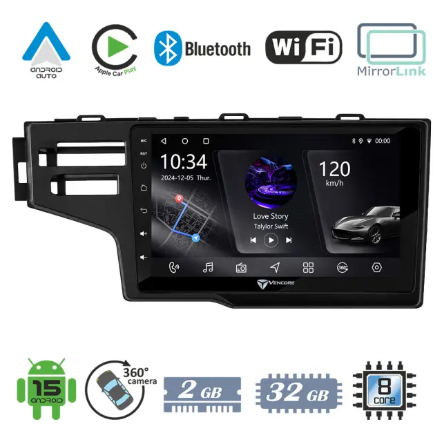 VenCore Οθόνη Multimedia Android 15 9" PX5S Octa-Core 2GB/32GB IPS με Πρόσοψη, CarPlay, Android Auto και Υποστήριξη Κάμερας 360° για Honda Jazz 2013-2020 – Μαύρη (3236-10005-0651B)