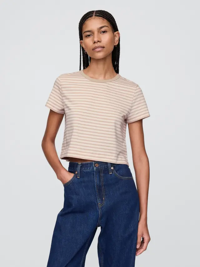 Οργανικό Βαμβάκι Vintage Cropped Μπλούζα Khaki tan stripe