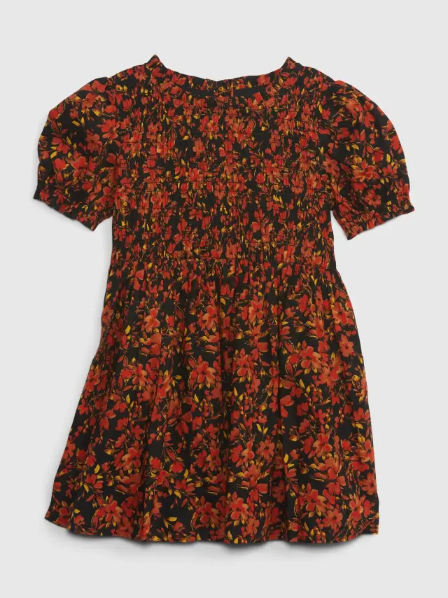 Μπλε Νηπιακό Puff Sleeve Smocked Φόρεμα floral black