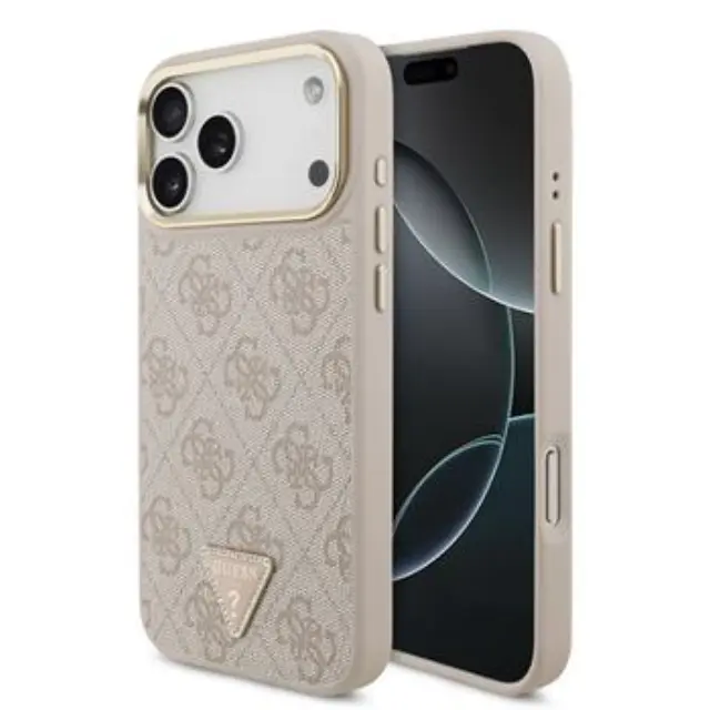 Guess PU Leather 4G Strass Triangle Logo Gold Frame MagSafe Case for iPhone 17 Pro Max Pink
