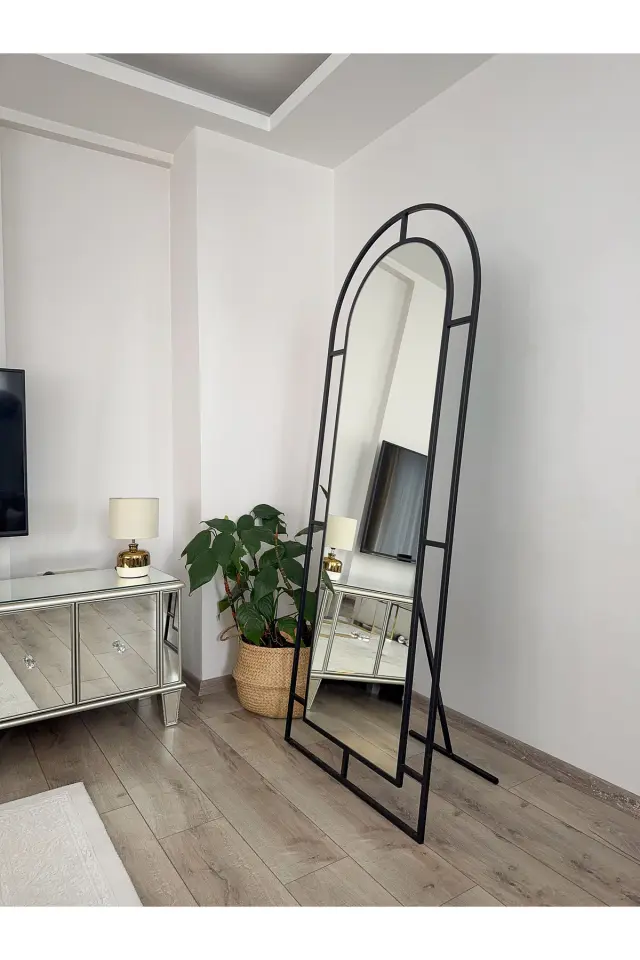 Stewehome Μεταλλικός οβάλ καθρέφτης με μαύρο πλαίσιο και βάση Μαύρο 180x70x1.5 cm 2