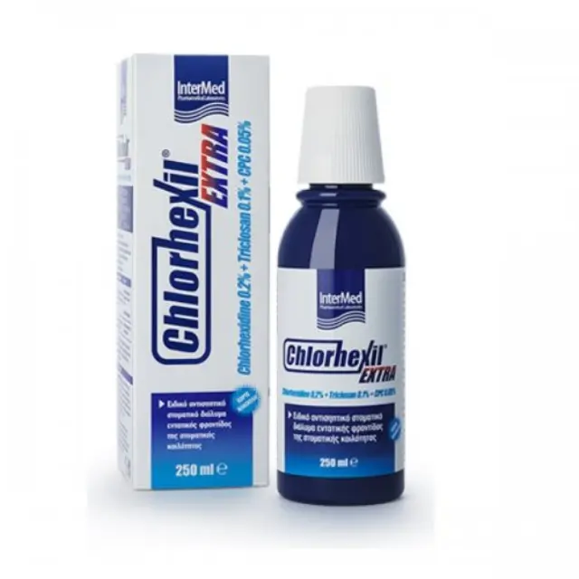 Intermed | Chlorhexil Extra |Στοματικό Διάλυμα Χλωρεξιδίνης 0,20% , Triclosan 0.1% , cpc 0.05% χωρίς οινόπνευμα | 250 ml 2