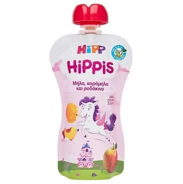 Hipp Hippis Μονόκερος Βιολογικός Φρουτοπολτός με Μήλο, Κορόμηλο και Ροδάκινο, 100gr